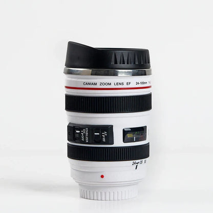 Cup Mug Tumbler w/ Lid Looks Like Canon EF 24-105mm F/4L USM Zoom Lens in White