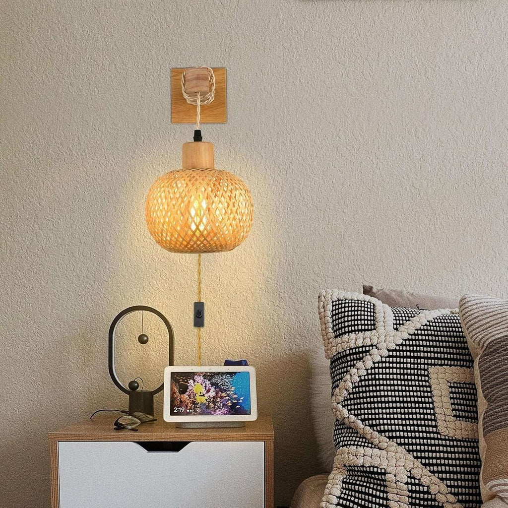 Plug in Wall Sconces Set of 2, Bamboo Hand Woven Rustic Hanging Light Fixtures