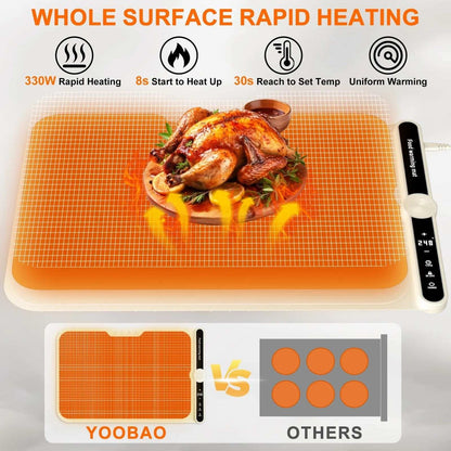 Electric Silicone Food Warming Mat 9 Temp/6 Timer Portable, Rollable, Child-Lock