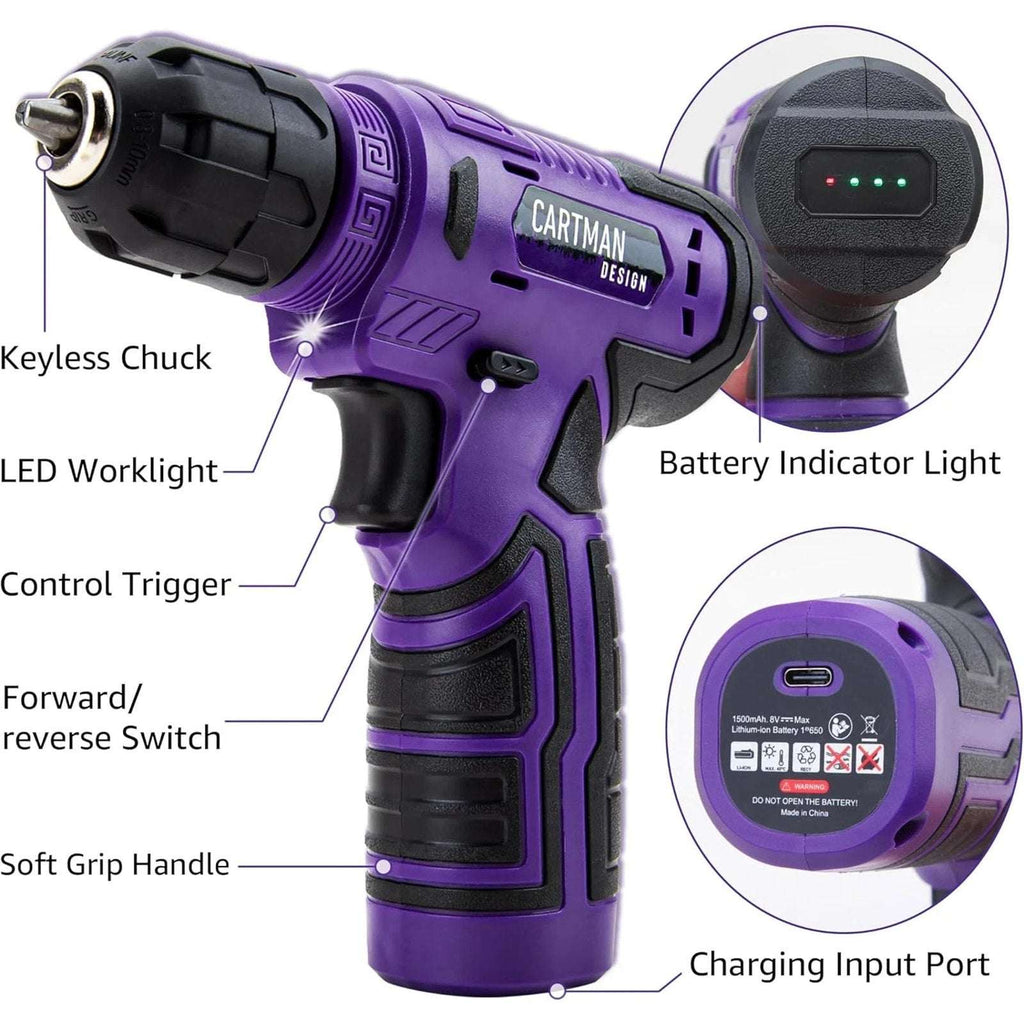 CARTMAN 150 Piece Tool Set, Home Tool Kit w/ 8V Purple Cordless Drill Set & Case