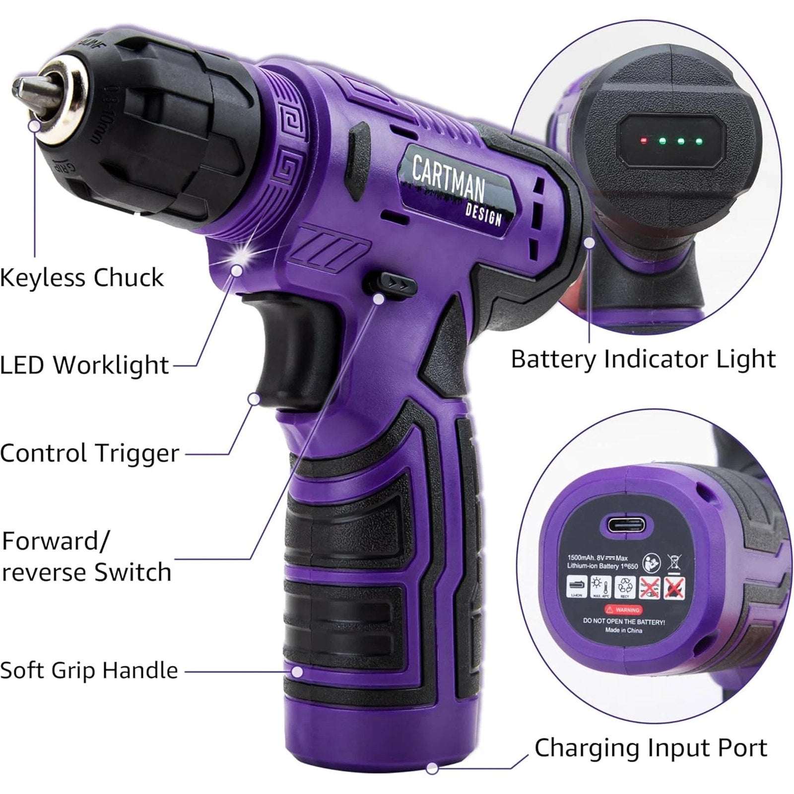 CARTMAN 150 Piece Tool Set, Home Tool Kit w/ 8V Purple Cordless Drill Set & Case