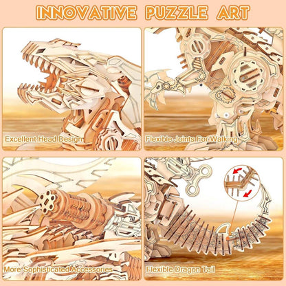 RMOKA 3D DIY Wooden Puzzle Walking Mechanical Roaring Dragon Mechanical Assembly