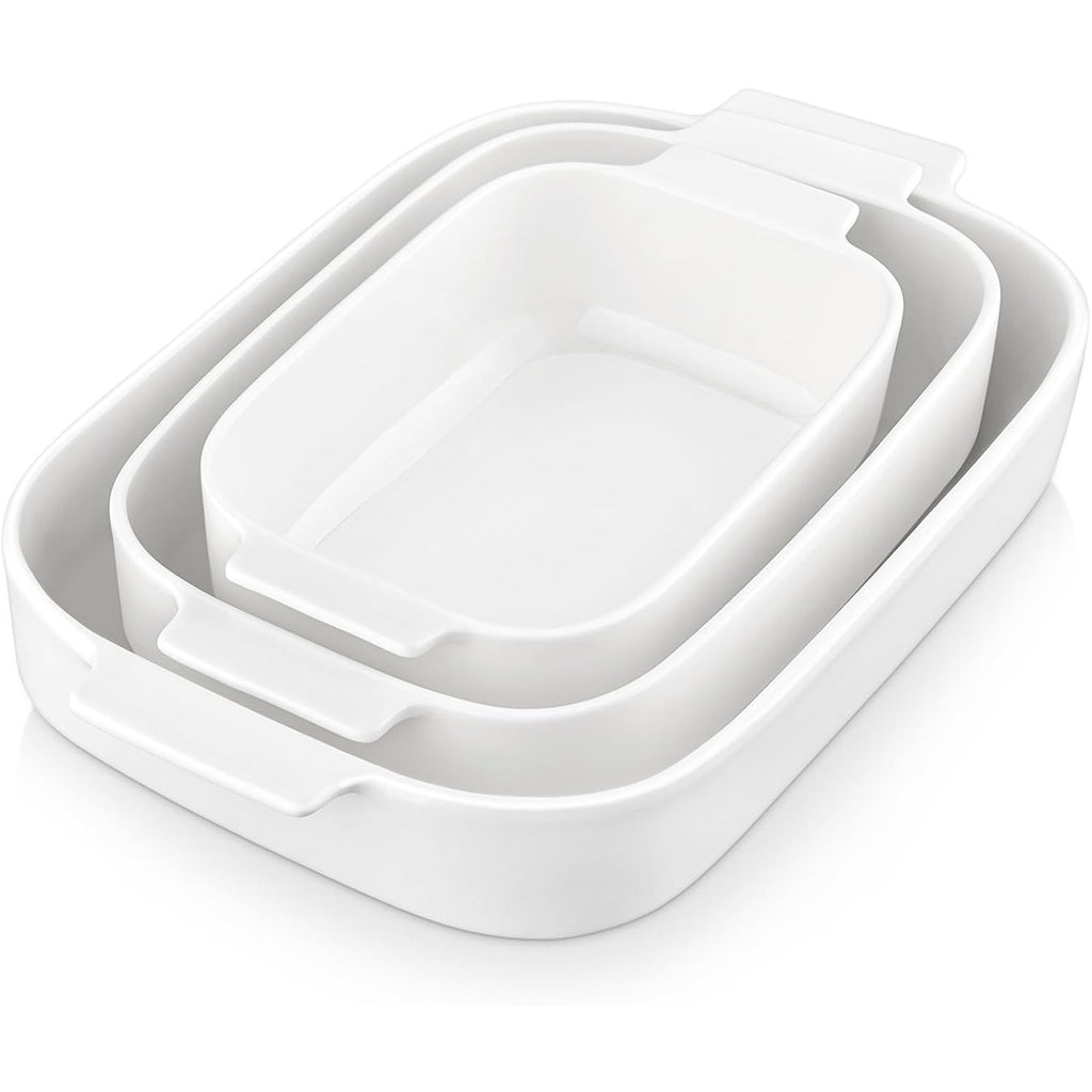 MALACASA 3PC Porcelain Casserole Baking Dish Set for Oven Ceramic Bakeware White