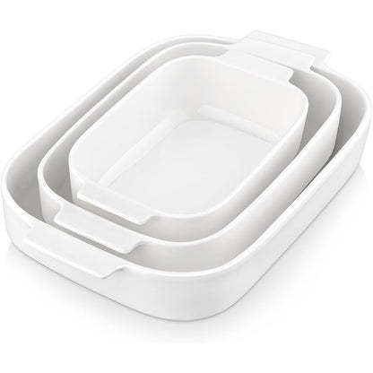 MALACASA 3PC Porcelain Casserole Baking Dish Set for Oven Ceramic Bakeware White