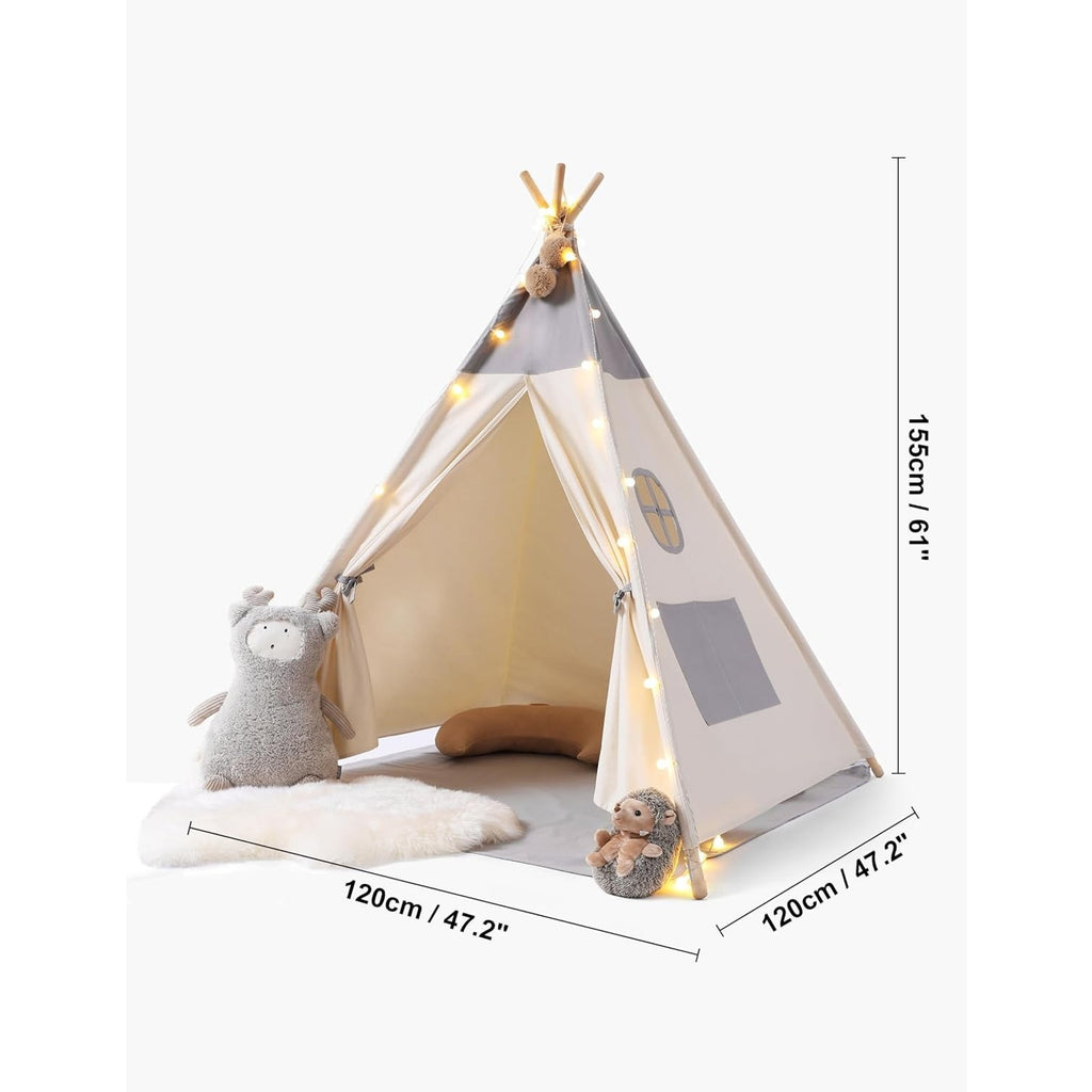 Besrey Kids Teepee Tent w/ Lights & Mat - Girl Boy Toddler Play Tent White Gray