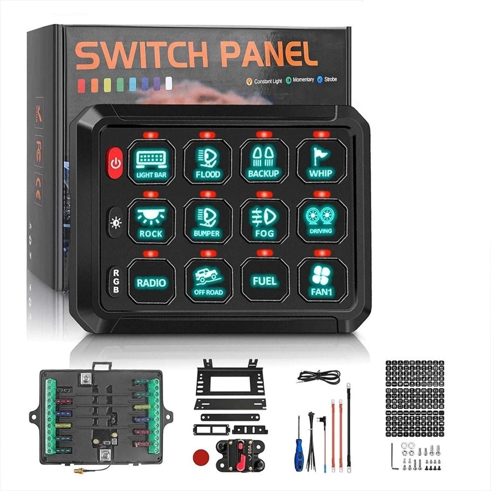 Universal 12 Gang Car Truck Boat RGB Switch Panel LED Circuit Control Kit 12/24V