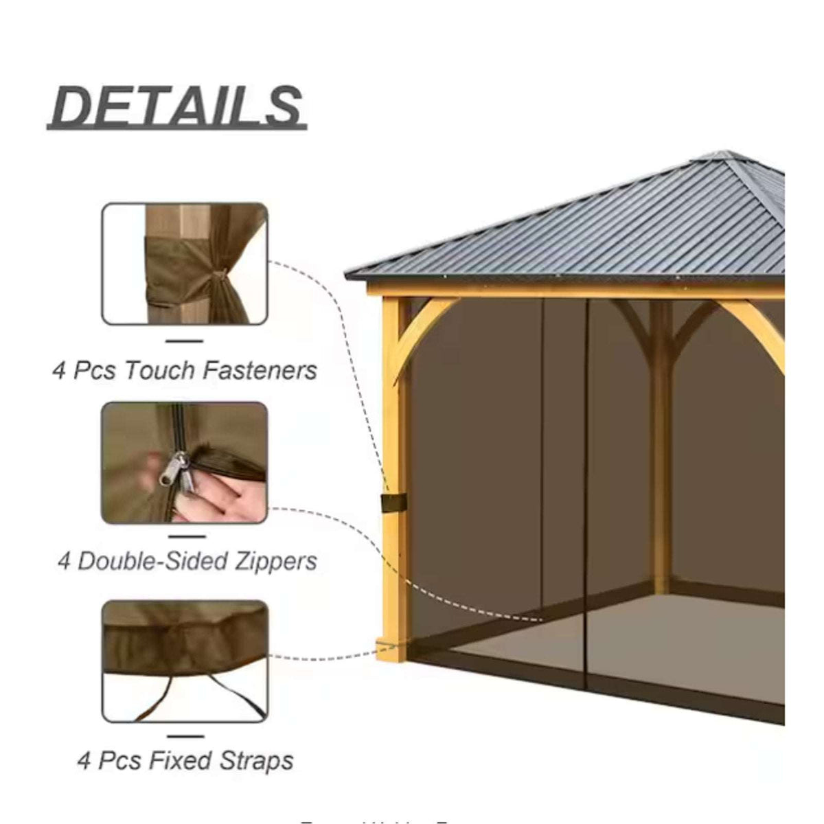 10' x 10' Gazebo Universal Mosquito Netting Mesh Screen with Zippers in Brown