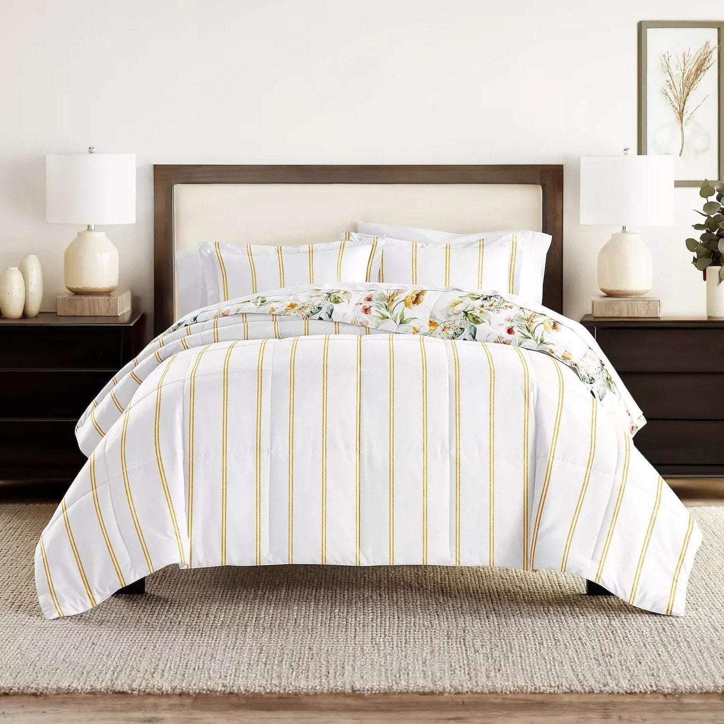 Chintz Floral Stripe Reversible All Season Down-Alternative Queen Comforter Set