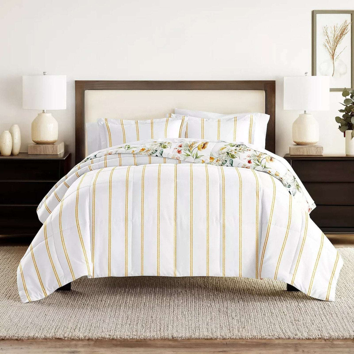 Chintz Floral Stripe Reversible All Season Down-Alternative Queen Comforter Set