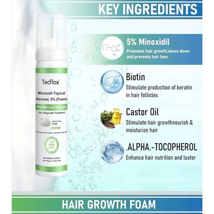 TecFlox 5% Minoxidil Hair Regrowth Foam with Biotin for Men & Women, 6 Months