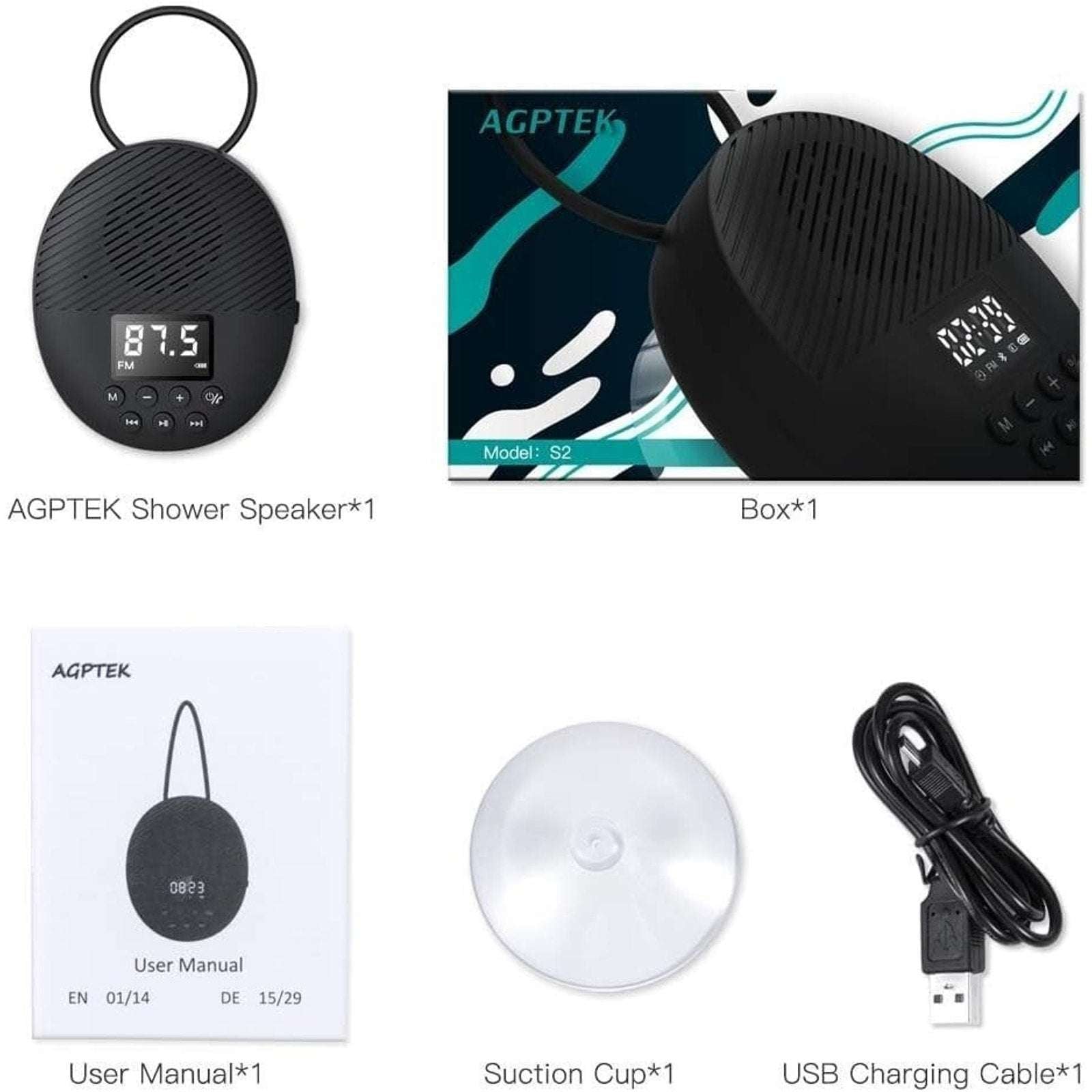 AGPTEK Bluetooth 5.0 Waterproof Wireless FM Radio Speaker Rechargeable Model S2