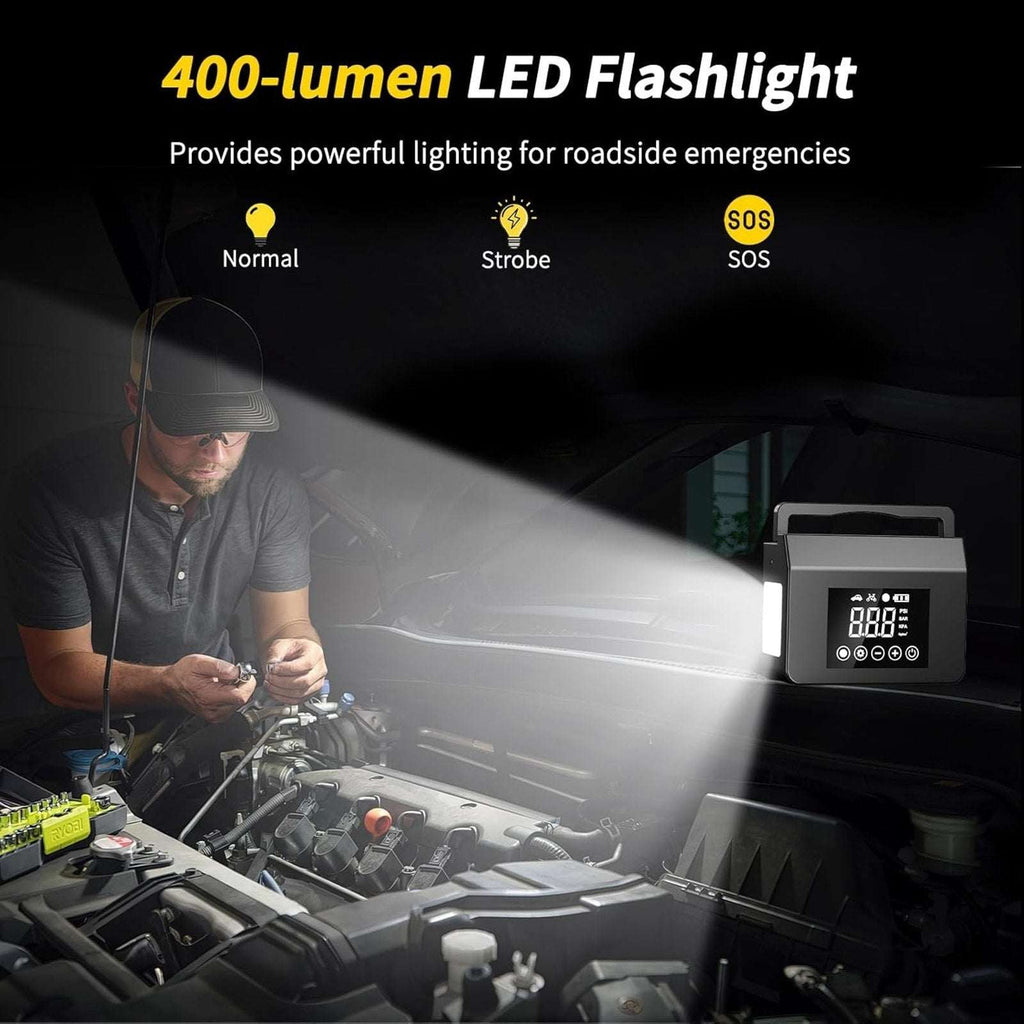 4000A 12V Car Jump Starter, 15000mAh Power Bank, Air Pump & LED Light Gas/Diesel