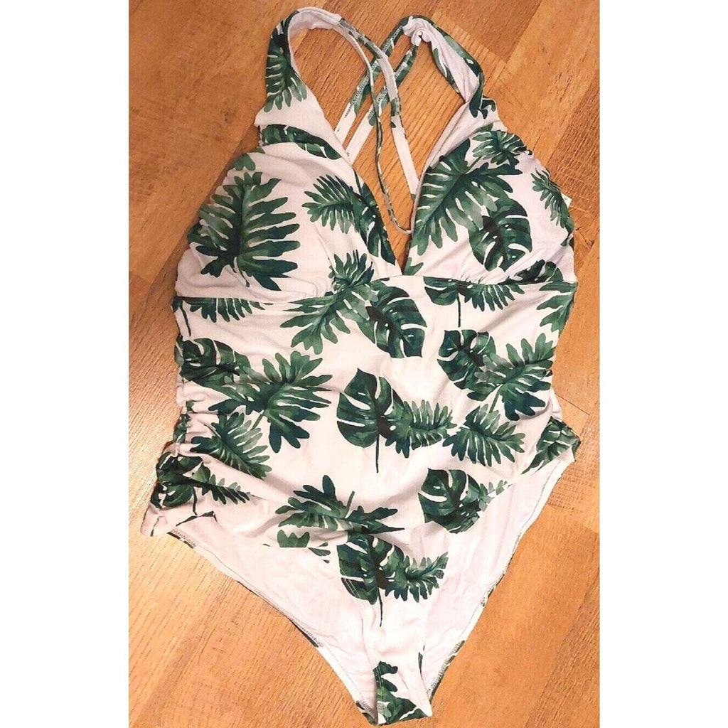 W You Di An Green Palm Leaf Tropical One Piece V-neck Wide Strap Swimsuit 4XL