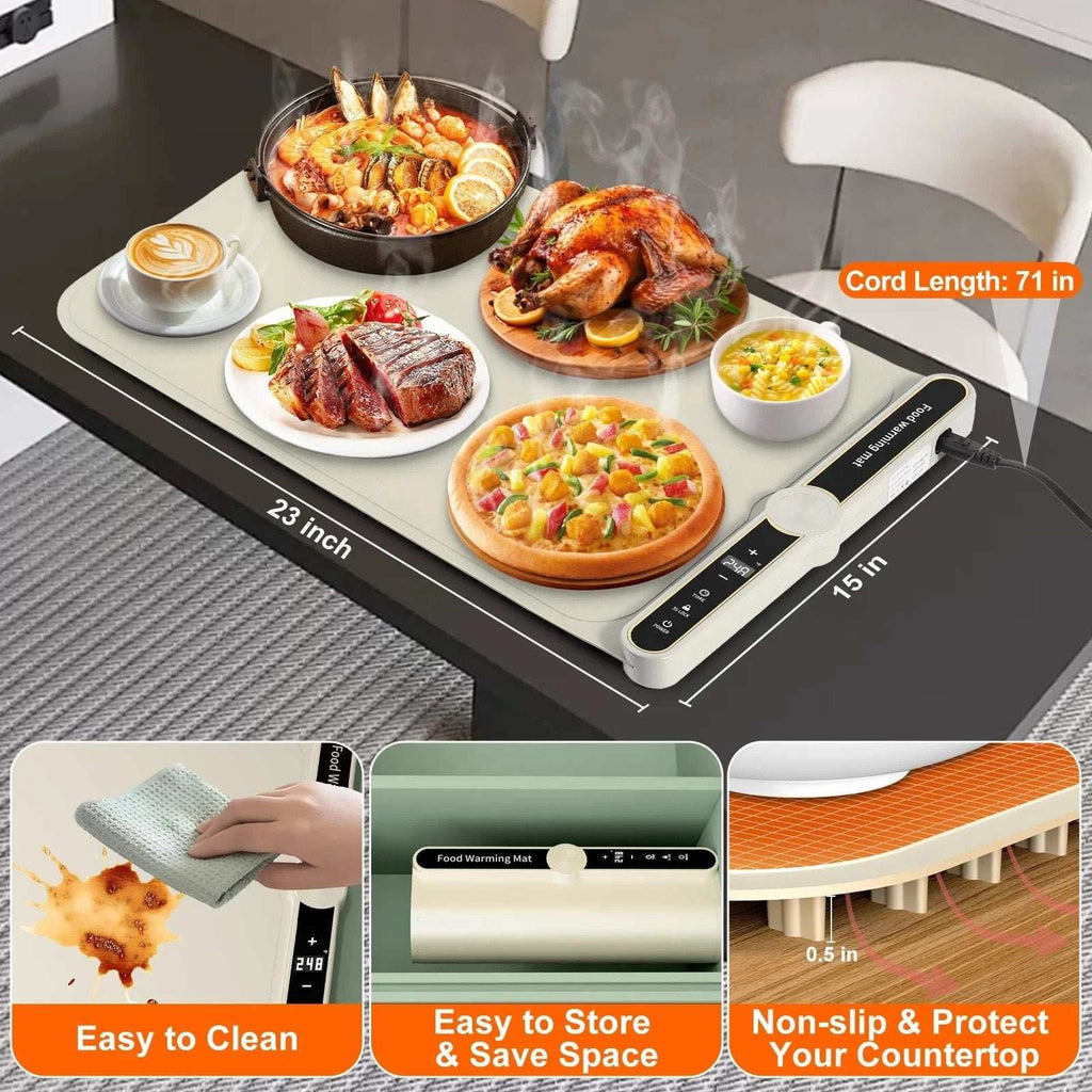 Electric Silicone Food Warming Mat 9 Temp/6 Timer Portable, Rollable, Child-Lock