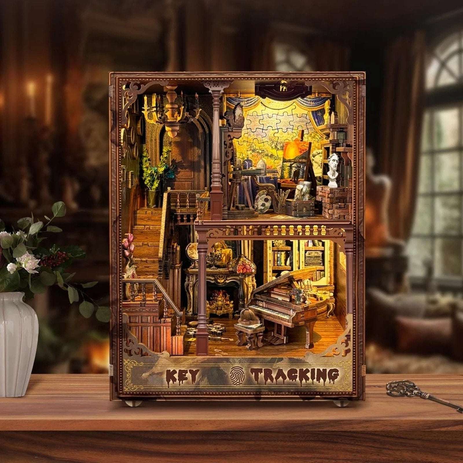 DIY Miniature Book Nook Key Tracking Escape Room Kit - 3D Puzzle with LED Lights