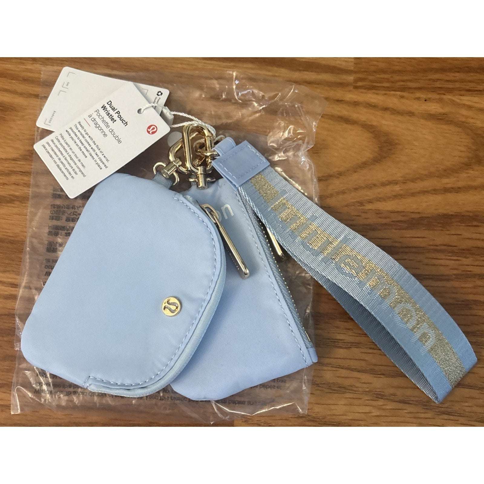 Lululemon Dual Pouch Wristlet Wordmark Dreamy Blue with Gold