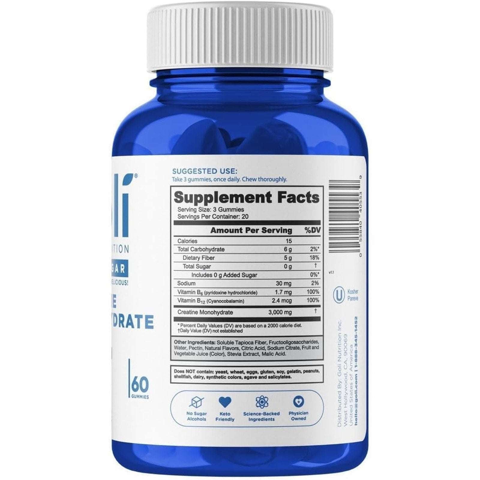 Goli Creatine Monohydrate Gummies 60 Count Zero Sugar Gluten-Free Exp 10/2027