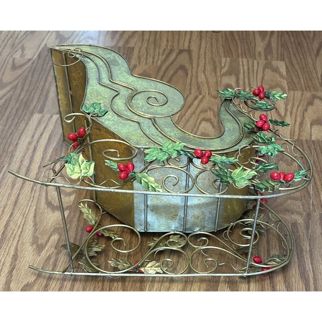 Vtg Metal Gold Sleigh Christmas Decoration Centerpiece 5 Taper Candle Holder