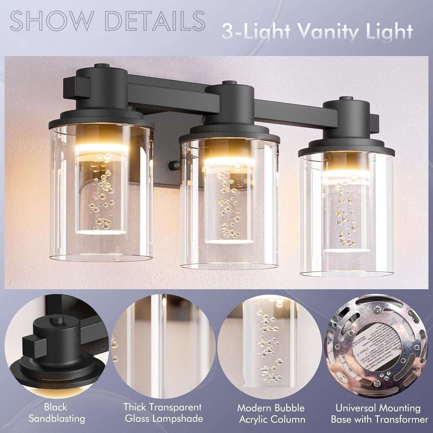 Bathroom Vanity Light Fixture 3-Light Dimmable Black, Crystal with Bubble Bulbs