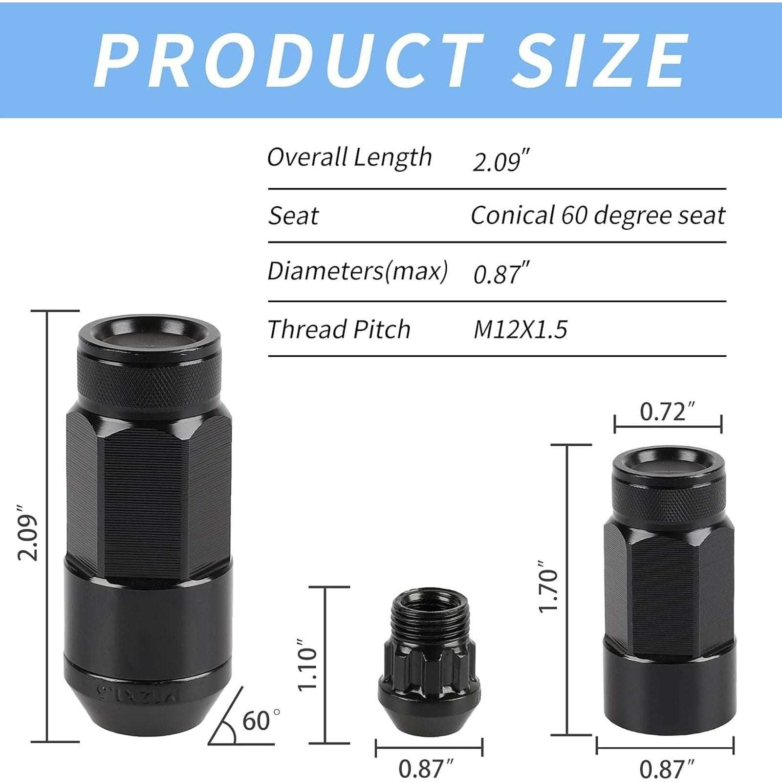 20PC Steel Anti-Theft Spline Closed End Lug Nuts M12X1.5 +Socket Black Wheel Rim