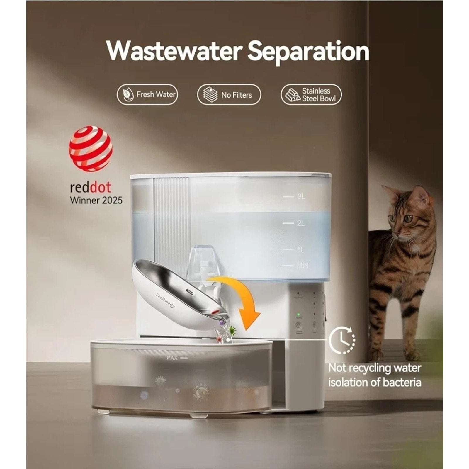 CleanFlip 3.5L Wireless Cat Water Fountain - No Filters, Wastewater Separation
