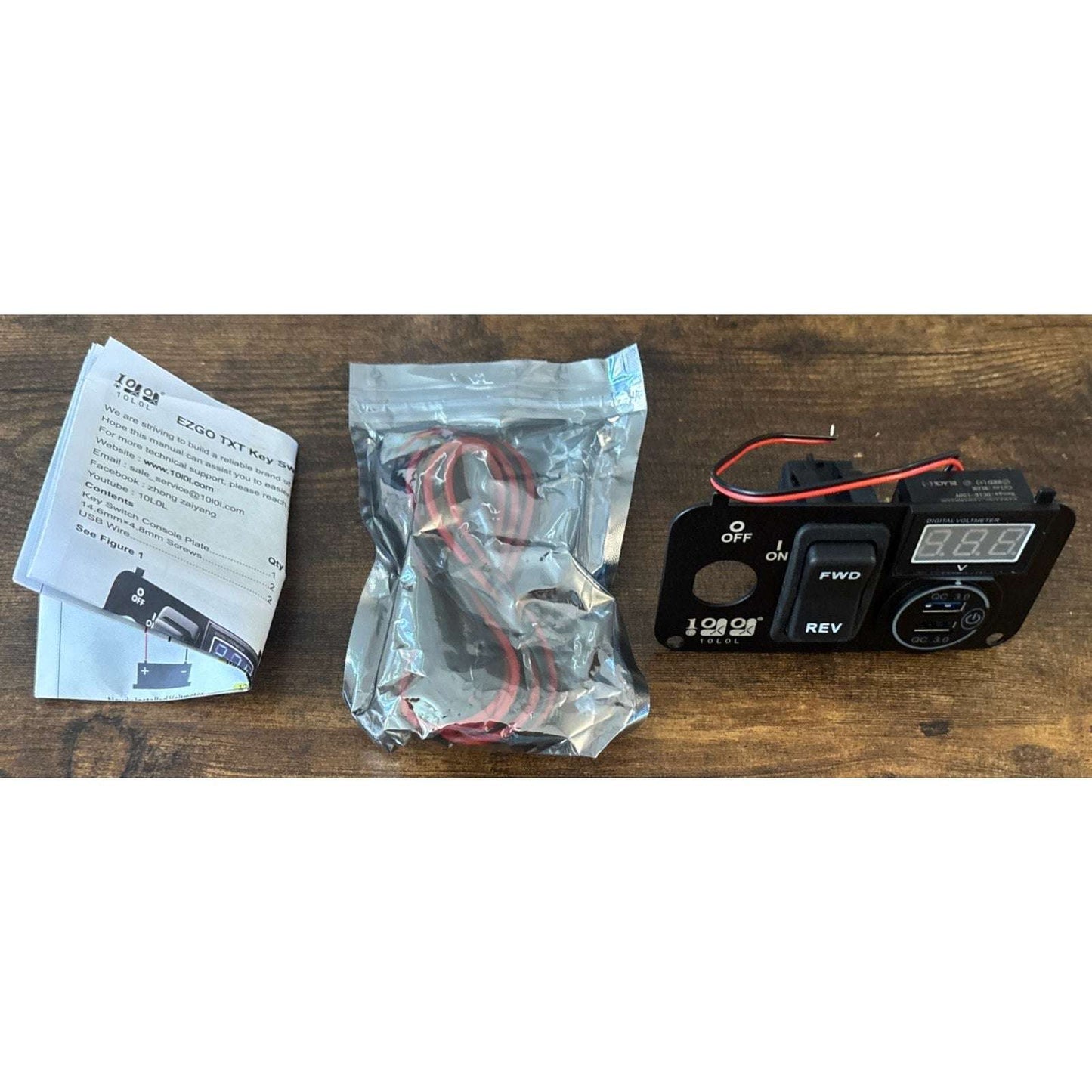 10L0L Golf Cart Key Switch Panel Dual USB Charger, Voltmeter & F/R EZGO TXT PDS