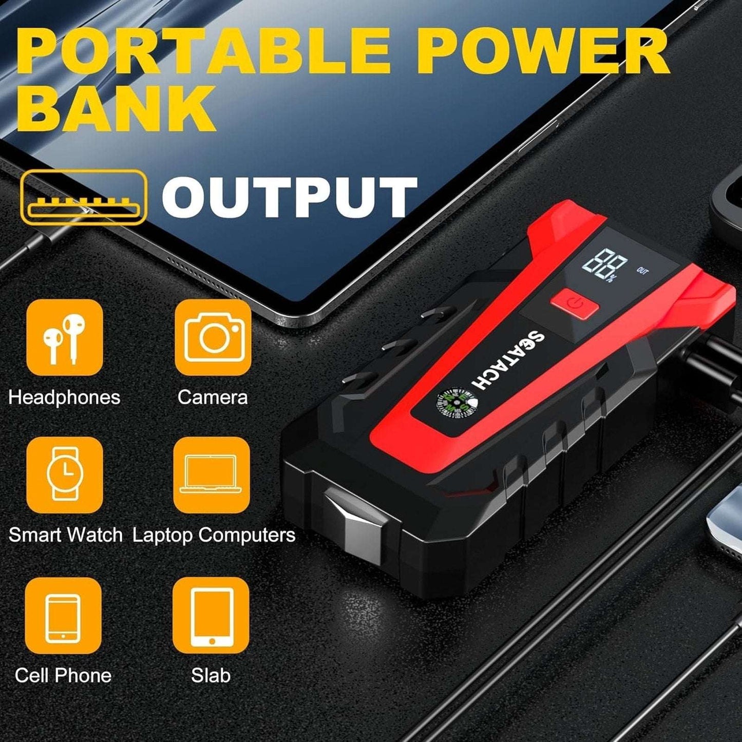 Scatach 3000A 12V Car Battery Jump Starter, Jumper Cable, Flashlight & Powerbank