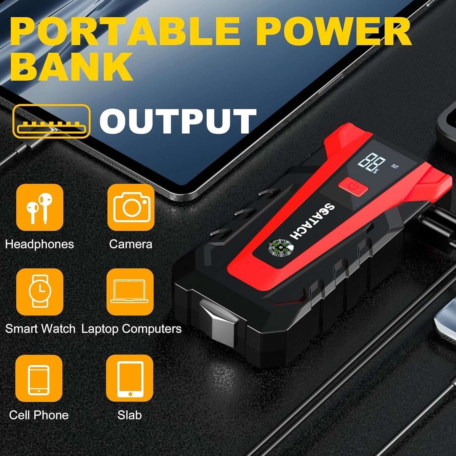 Scatach 3000A 12V Car Battery Jump Starter, Jumper Cable, Flashlight & Powerbank