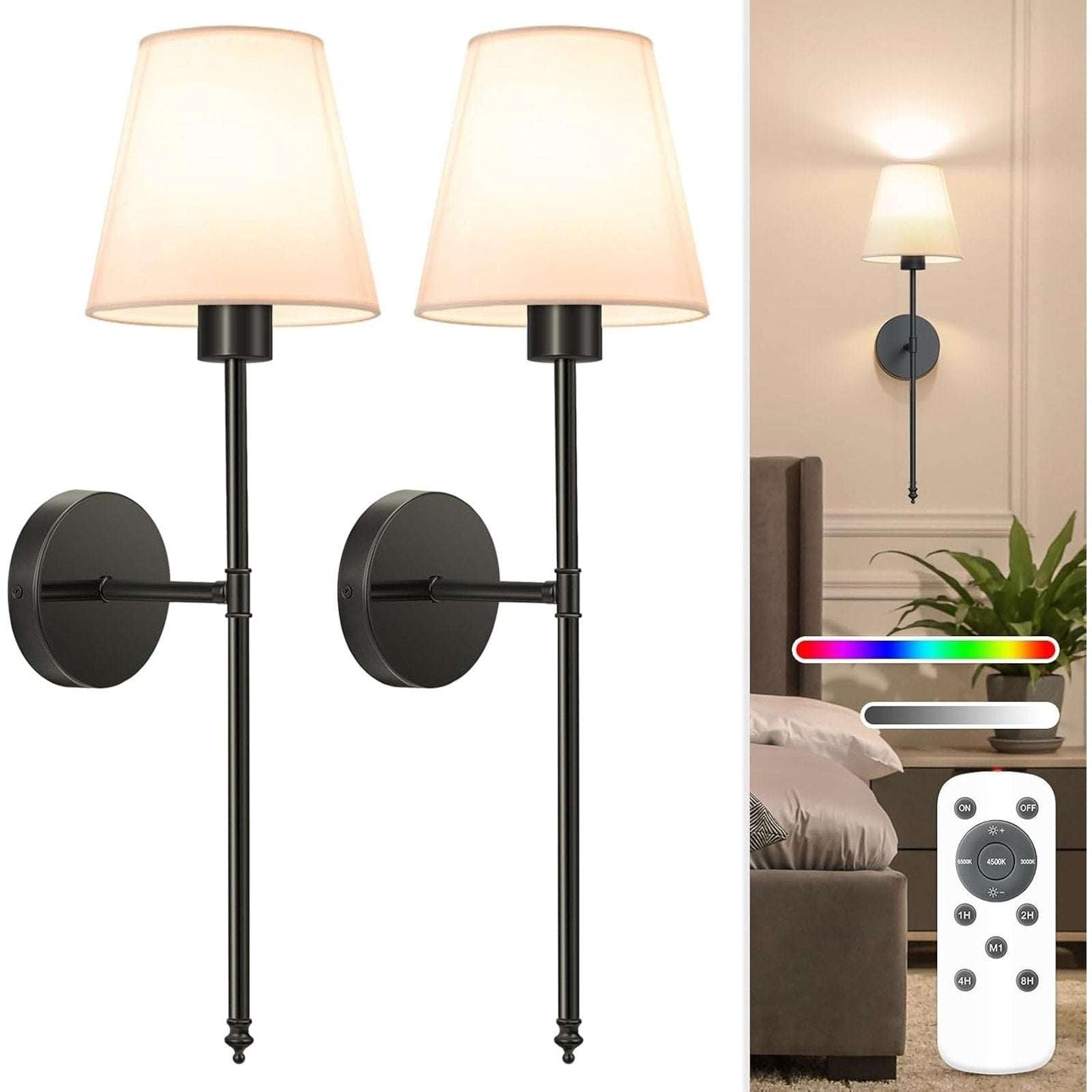 (2) Battery Operated Dimmable Wall Sconce Rechargeable Wall Lights RGB w/ Remote