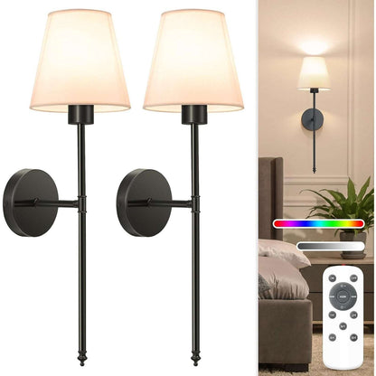 (2) Battery Operated Dimmable Wall Sconce Rechargeable Wall Lights RGB w/ Remote