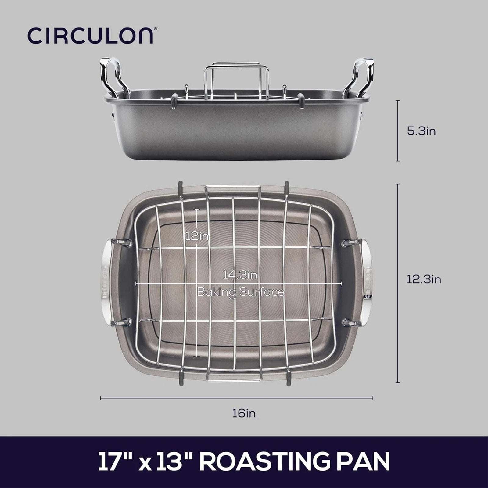 Circulon Nonstick Roasting Pan / Roaster w/ Rack - 17 Inch x 13 Inch 24lbs Gray