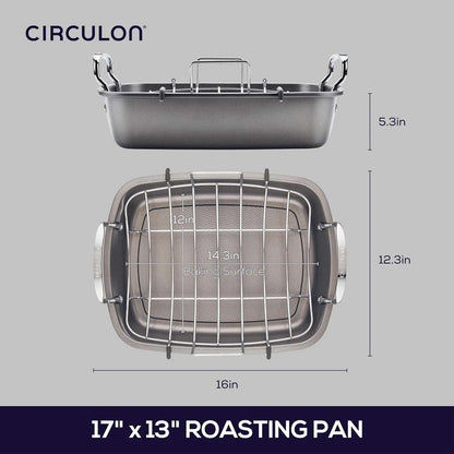 Circulon Nonstick Roasting Pan / Roaster w/ Rack - 17 Inch x 13 Inch 24lbs Gray
