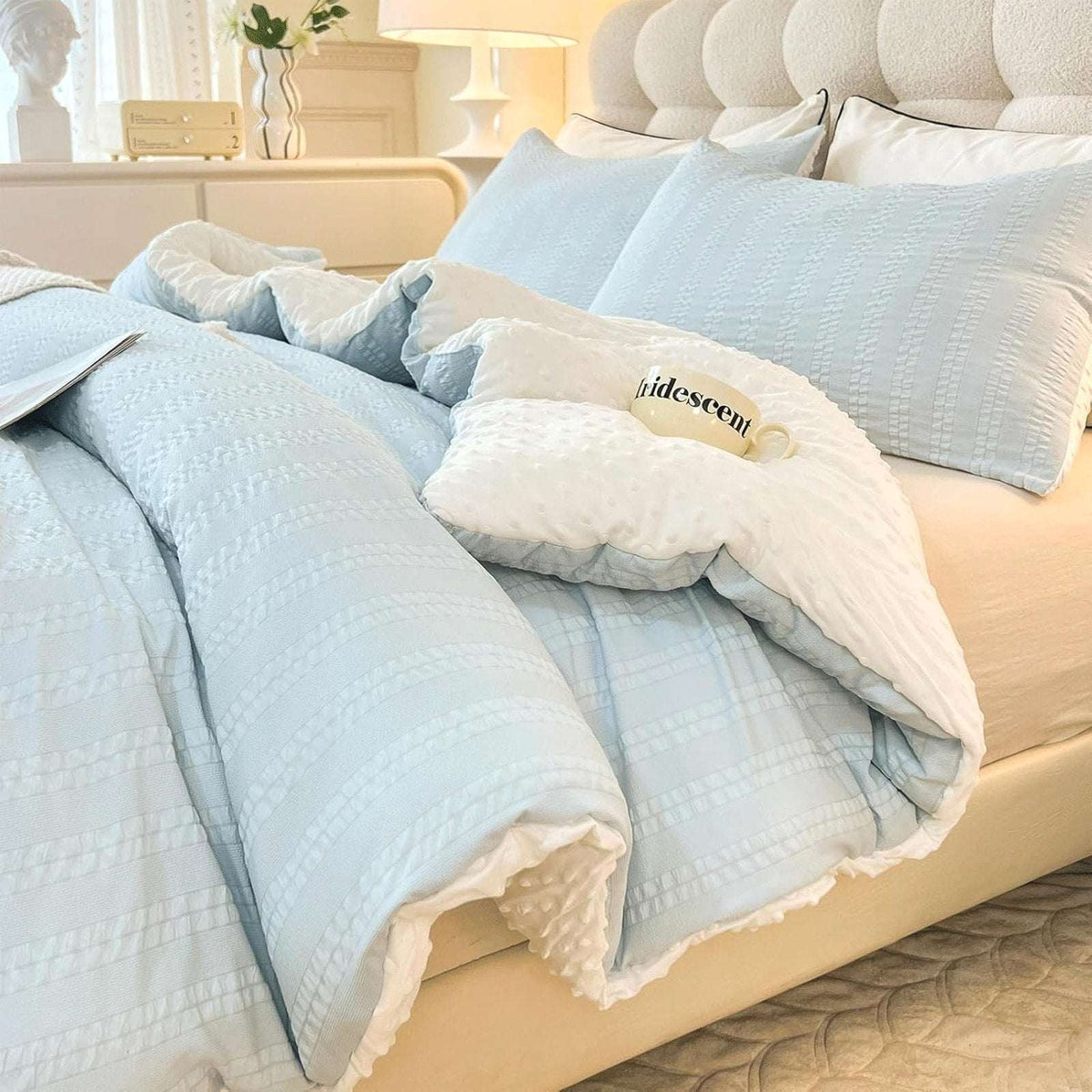 tohrisa Boho Comforter Set Full Size Blue Seersucker 3PC All Season Bedding