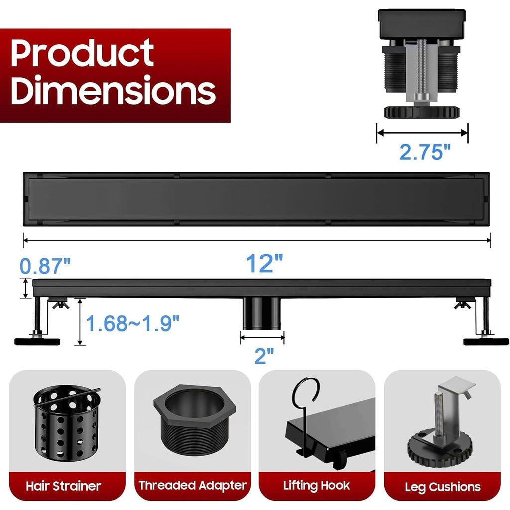 12" Linear Shower Drain Matte Black 304 SS Tile Insert Adjustable Feet Strainer