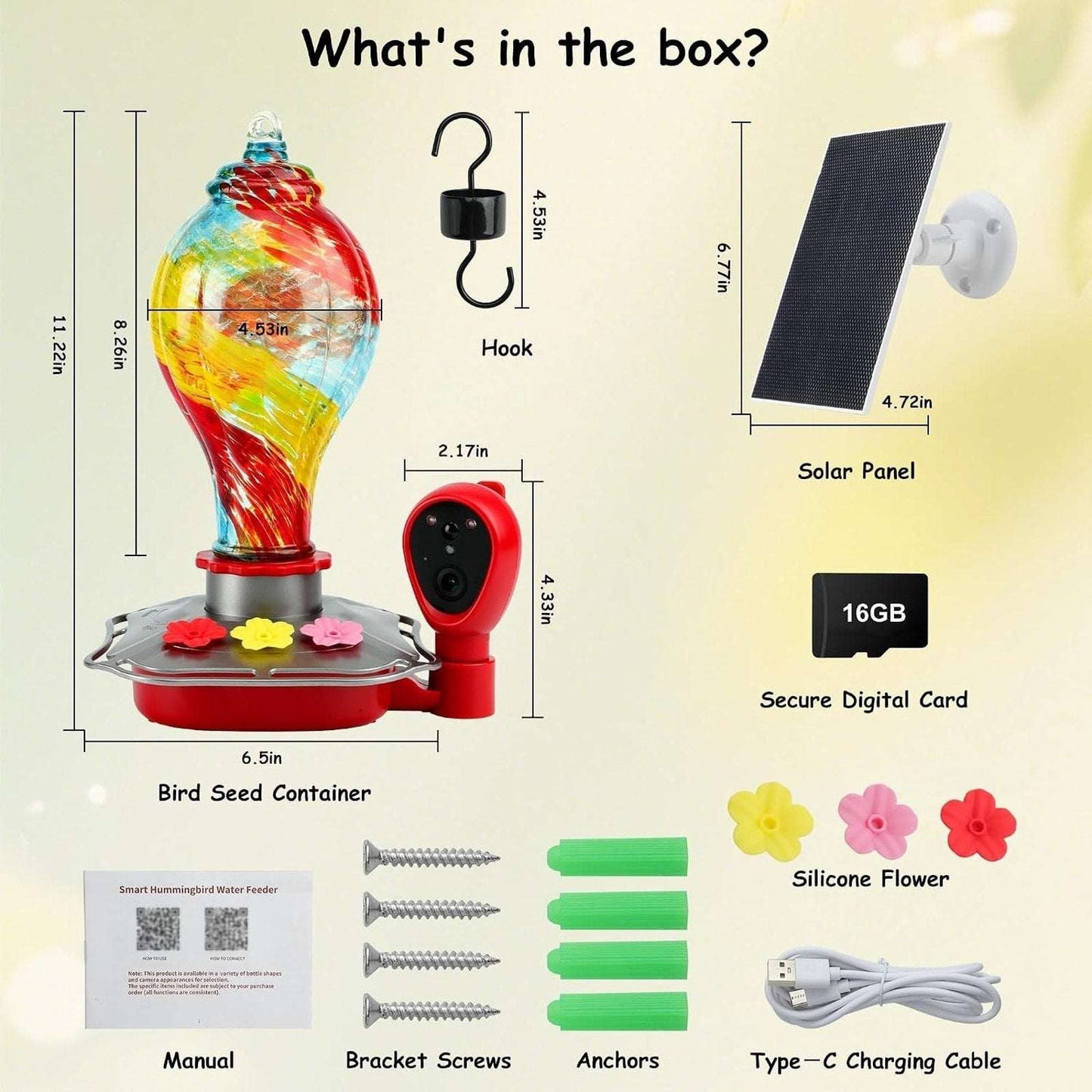 Glass Smart Solar Powered Hummingbird Feeder w/ Camera 2K HD Live View, AI ID