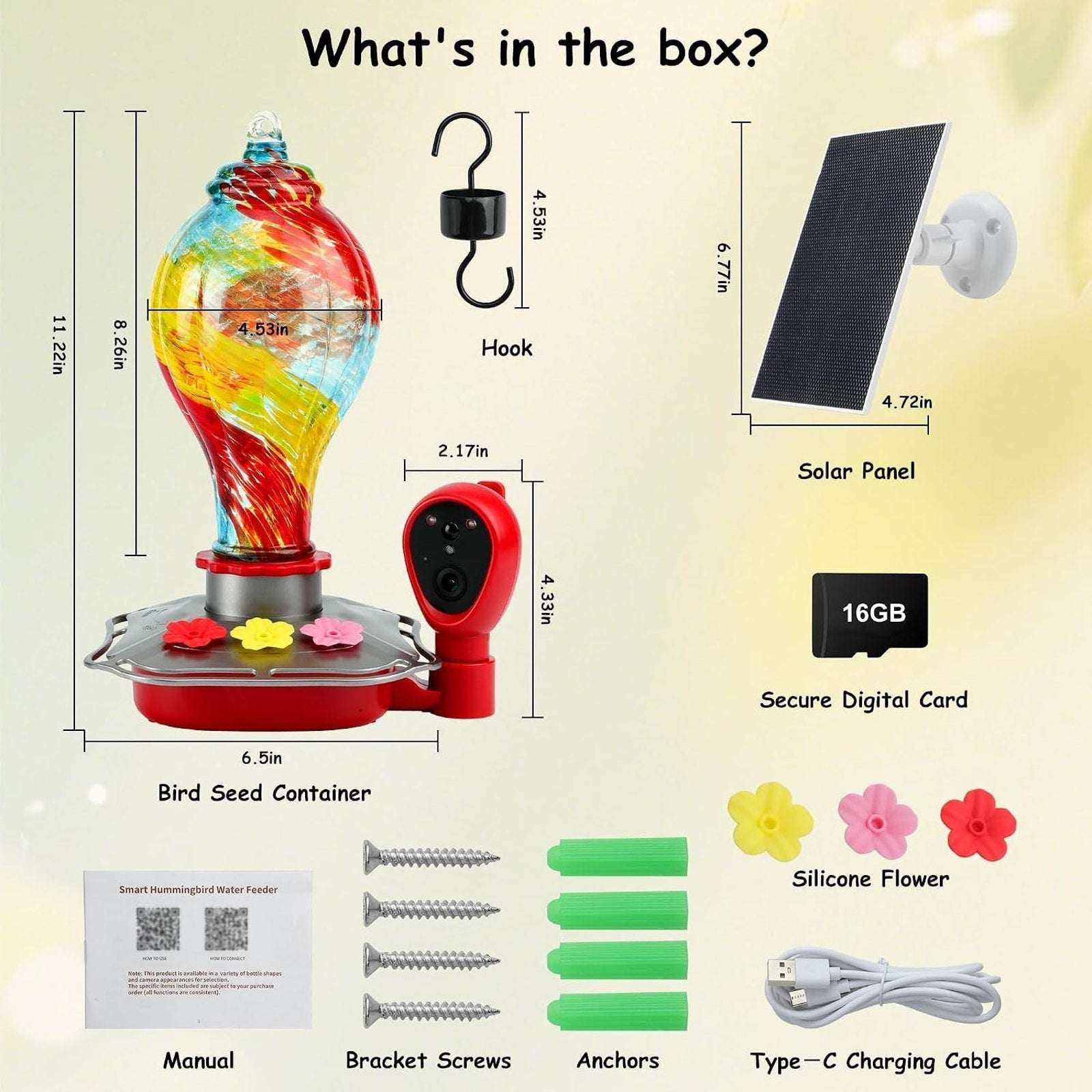 Glass Smart Solar Powered Hummingbird Feeder w/ Camera 2K HD Live View, AI ID