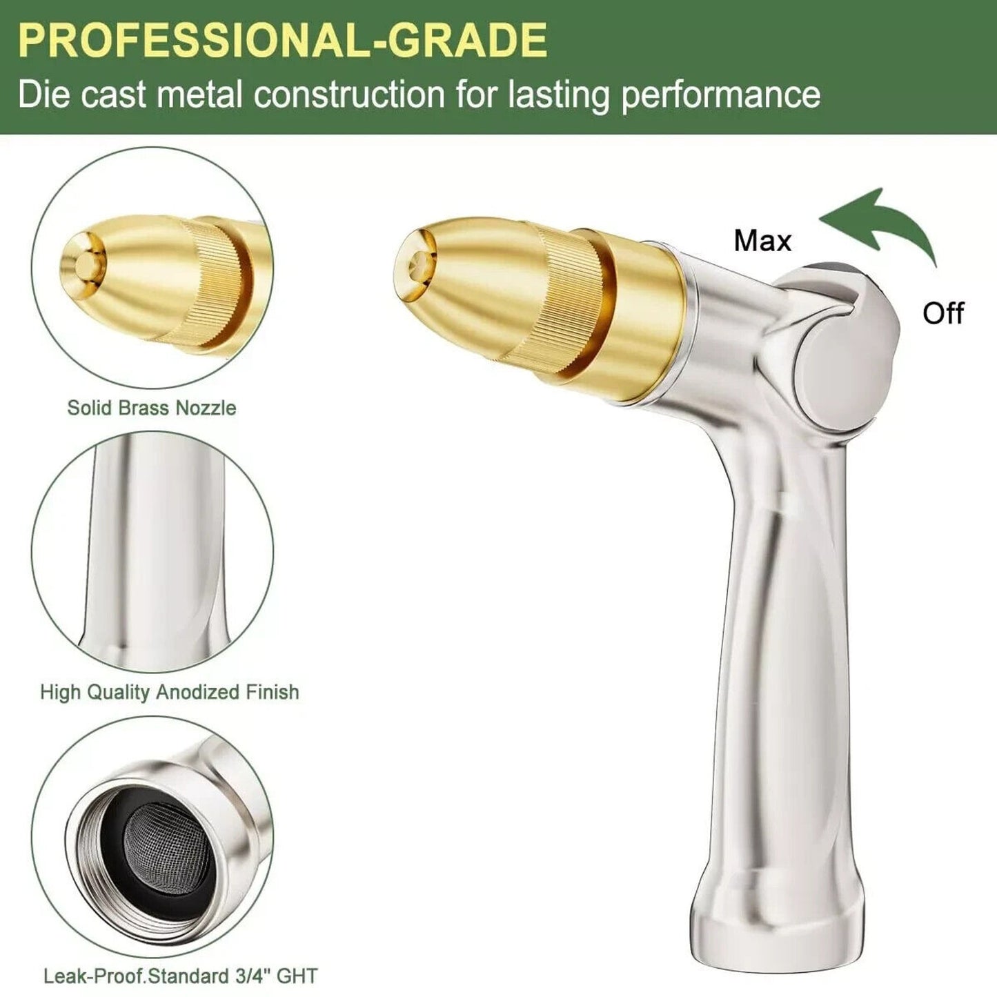 Professional 100% Heavy Duty Metal Garden Water Hose Nozzle w Thumb Control