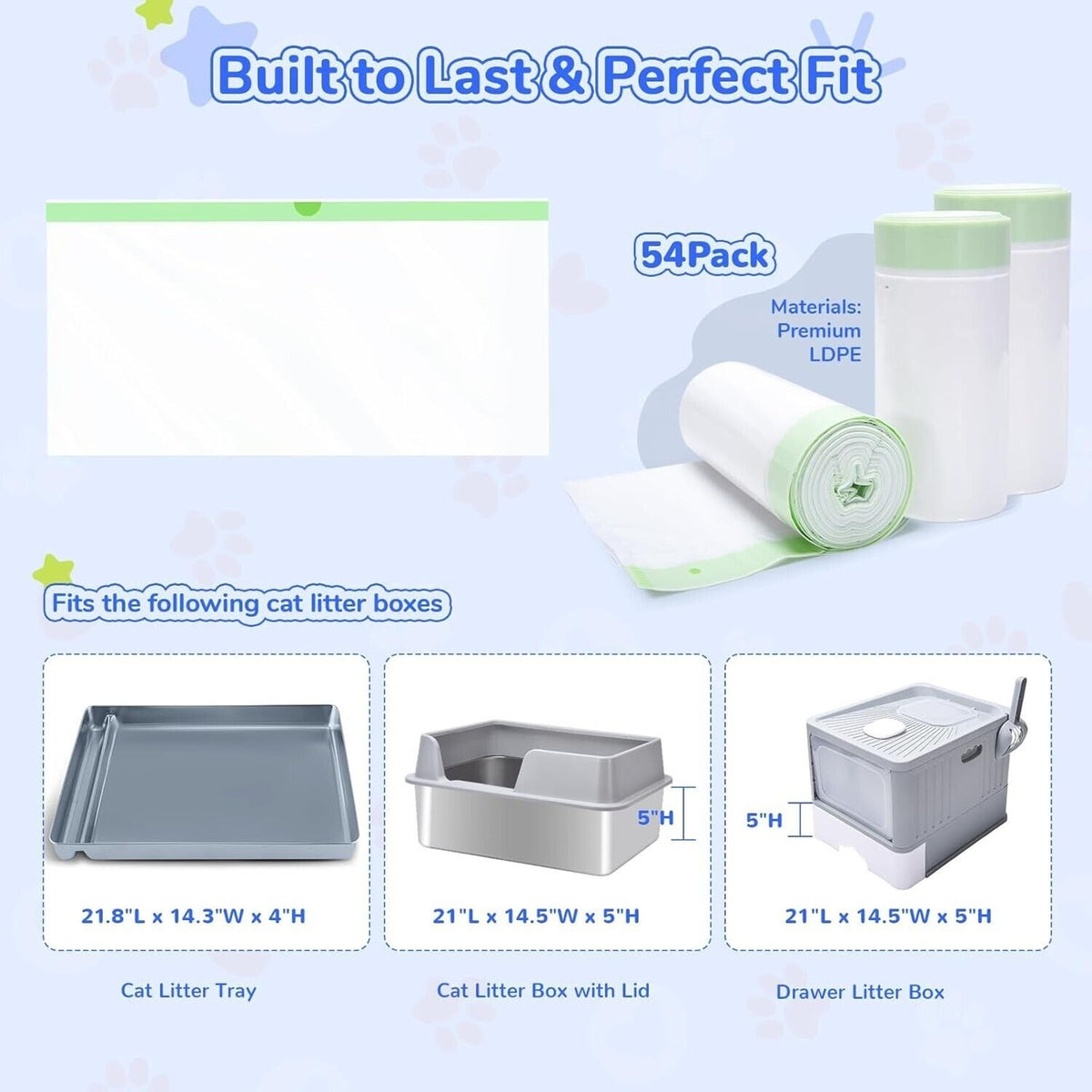 54 Count Jumbo Litter Box Liners Drawstring Bags Heavy Duty - Tear & Leak Resist