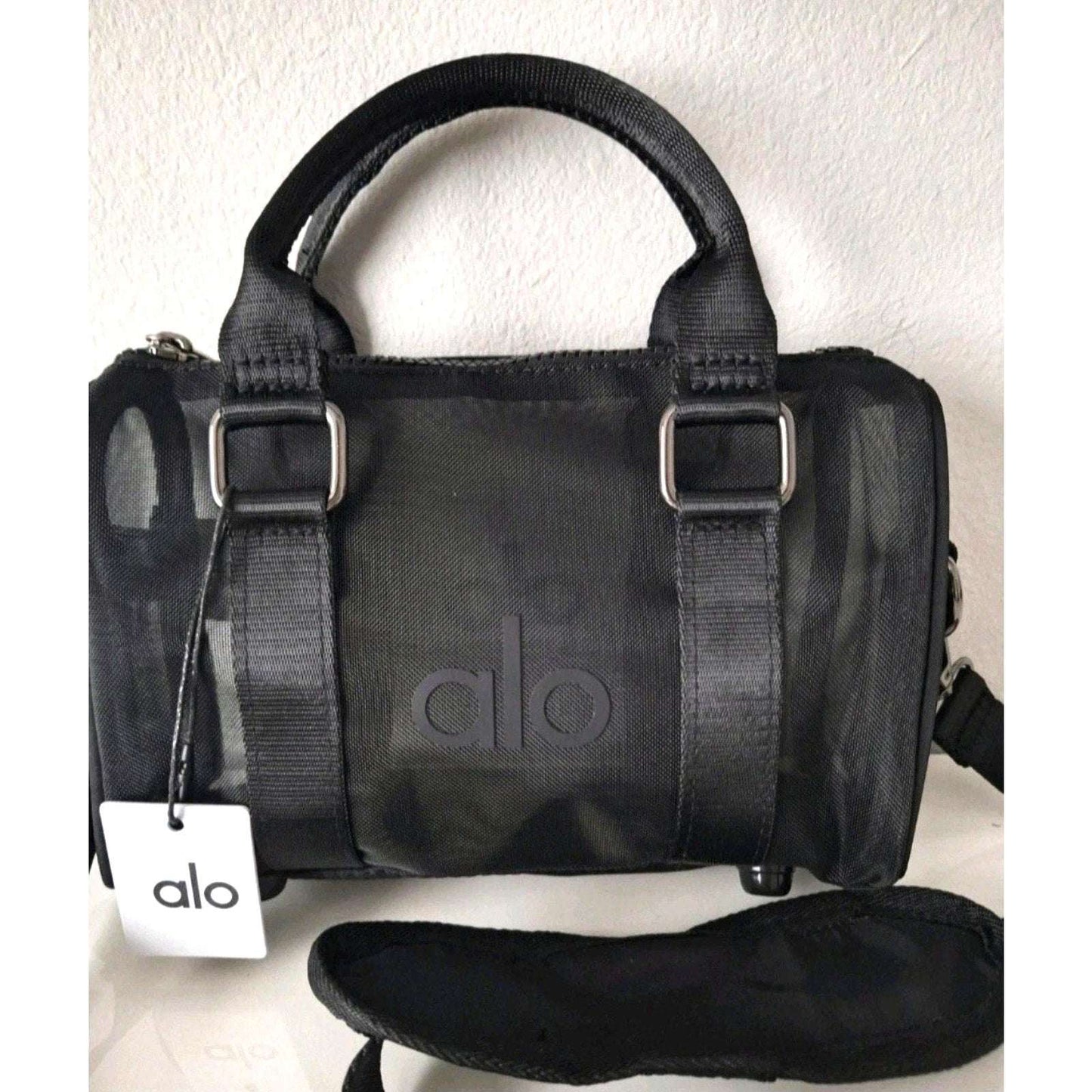 Alo Yoga Mini Sheer Duffle Bag Black Mesh Tote Lightweight Gym Travel Handbag