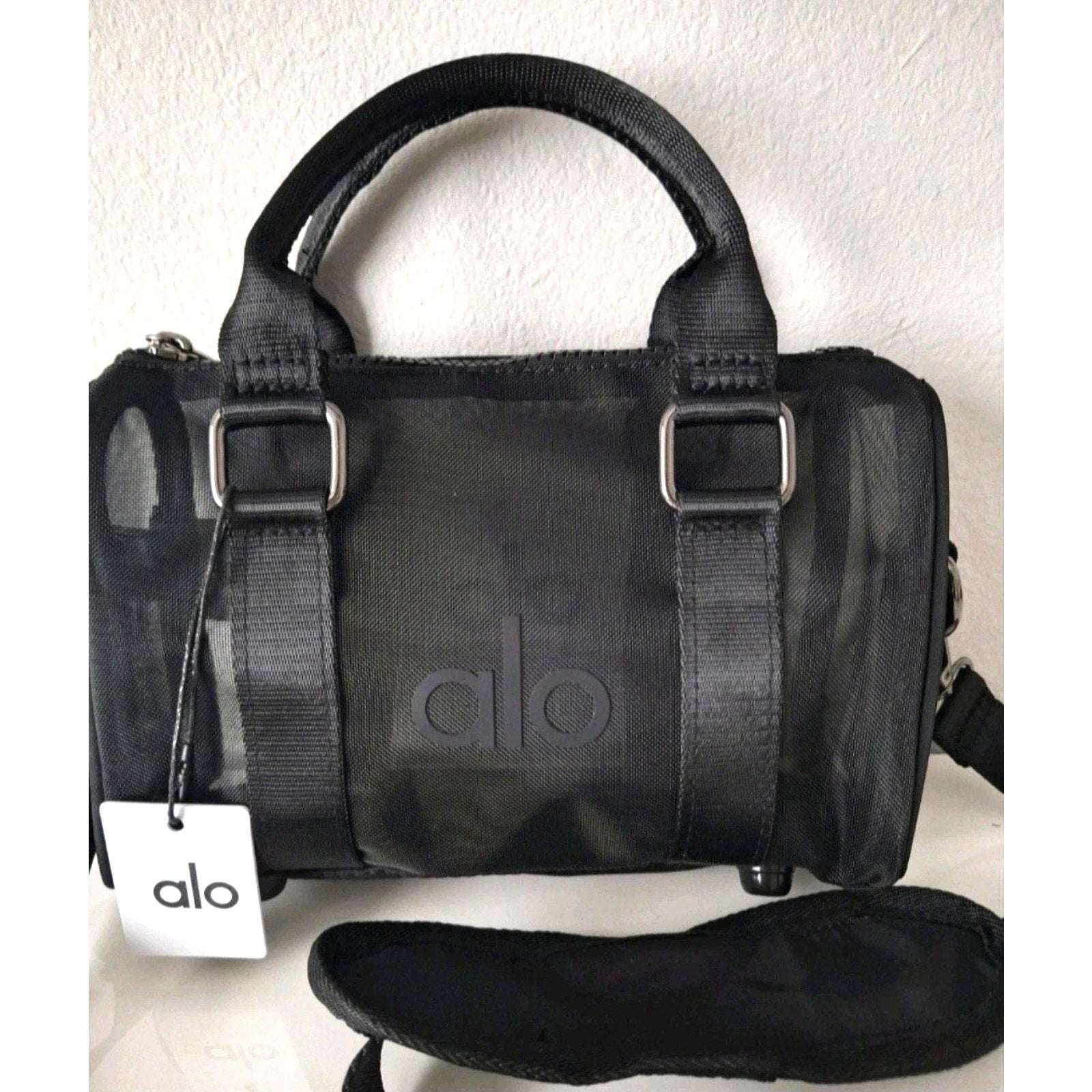Alo Yoga Mini Sheer Duffle Bag Black Mesh Tote Lightweight Gym Travel Handbag