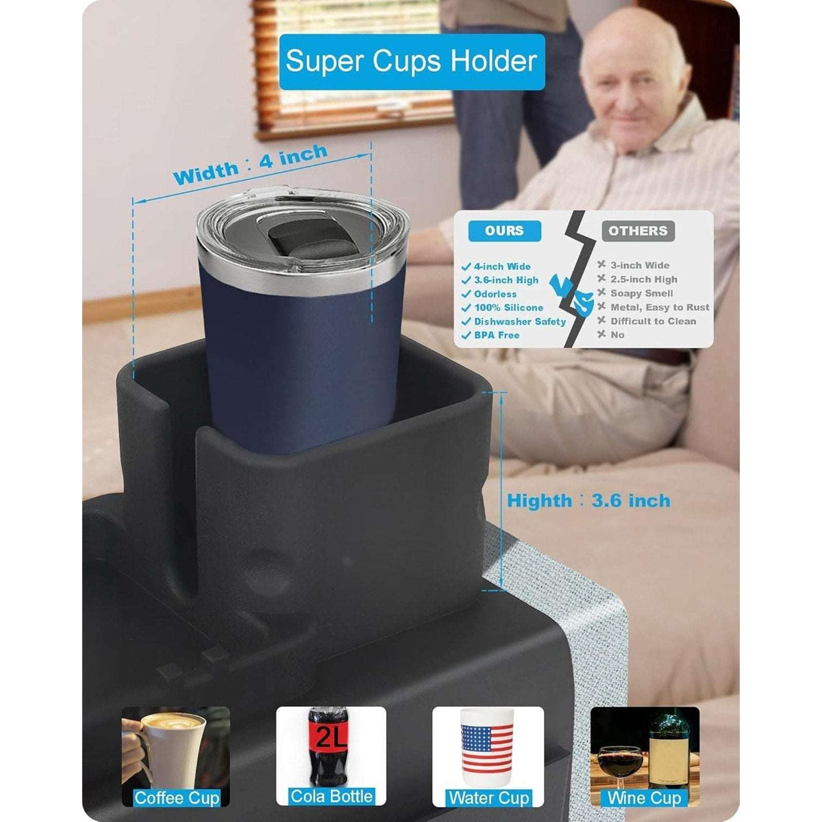 Silicone Couch Armrest Organizer Cup Holder Non-Slip Sofa Remote Phone Tray Black