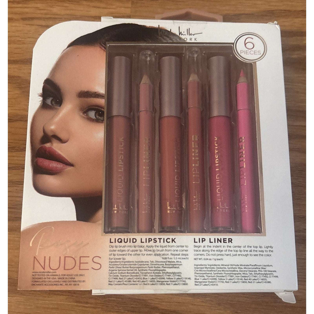 Nicole Miller NY Rosy Nudes Liquid Lipstick & Liner 6Pc Set Rose, Peach & Mauve