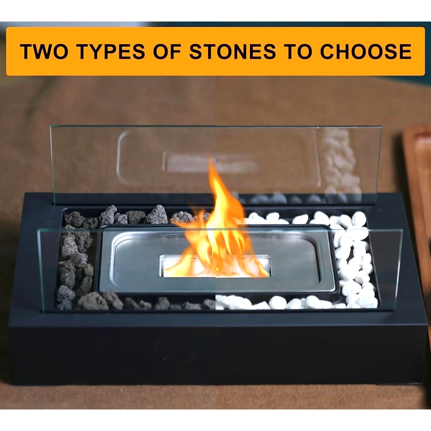 Tabletop Fire Pit Rectangle Portable Fireplace S'mores Roasting Sticks & Stones