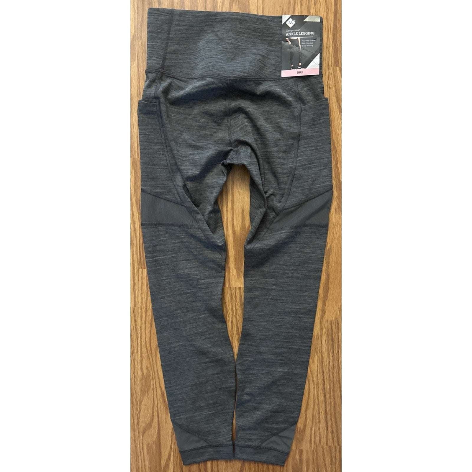Compression Athletic Ankle Leggings with Pockets Sz S Grey Heather w/ Sheer