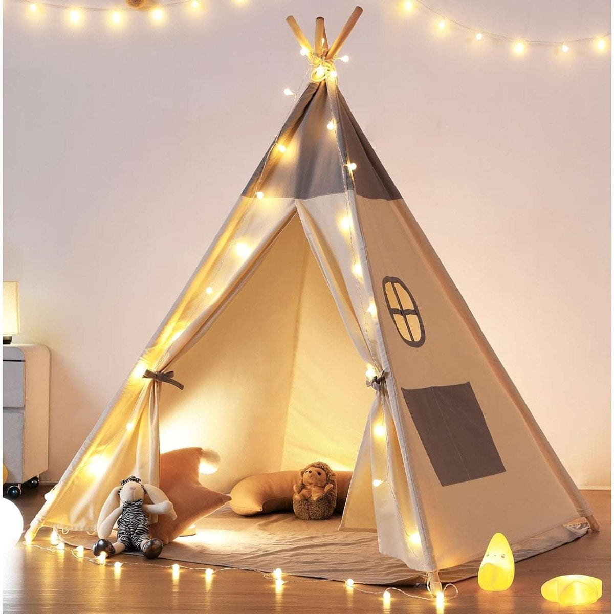 Besrey Kids Teepee Tent w/ Lights & Mat - Girl Boy Toddler Play Tent White Gray