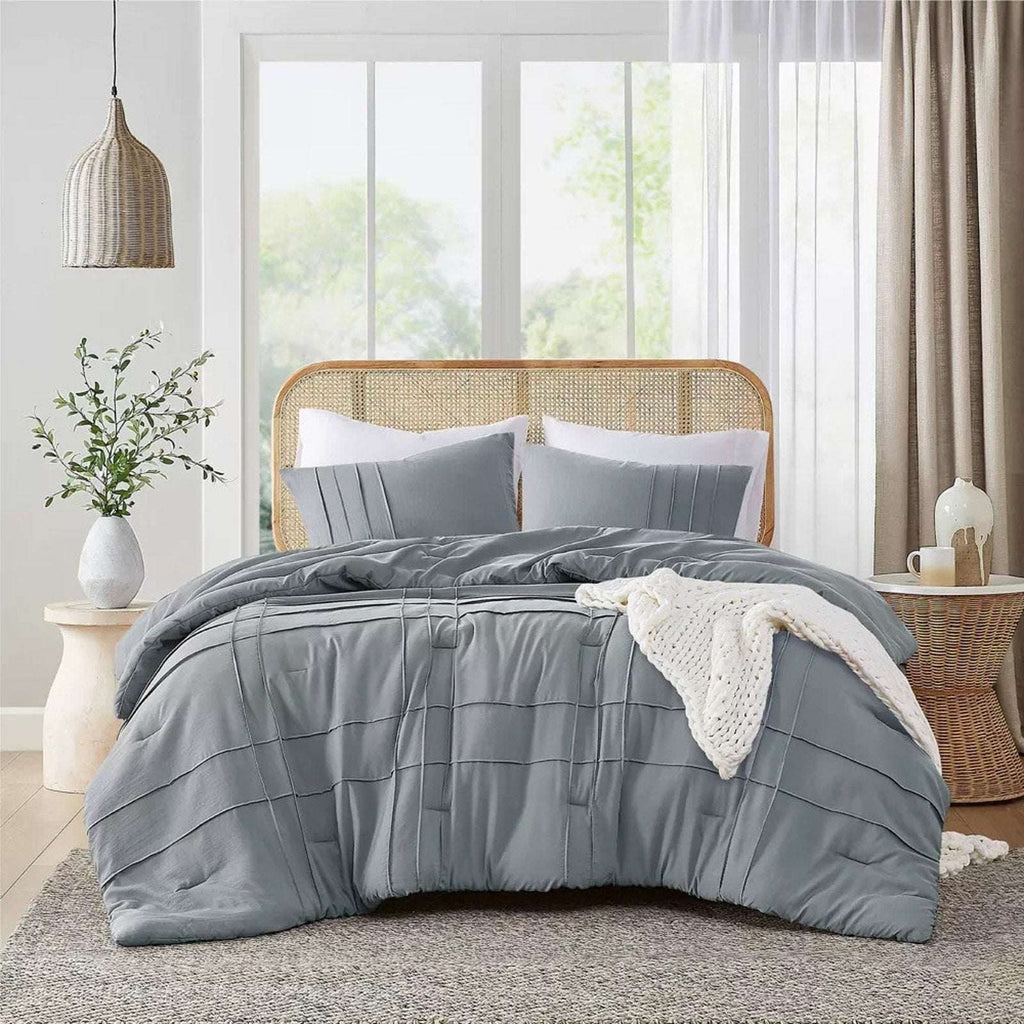 King Size 3PC PORTER Soft Washed Cotton Pinch Pleated Duvet Set Slate Gray/Blue