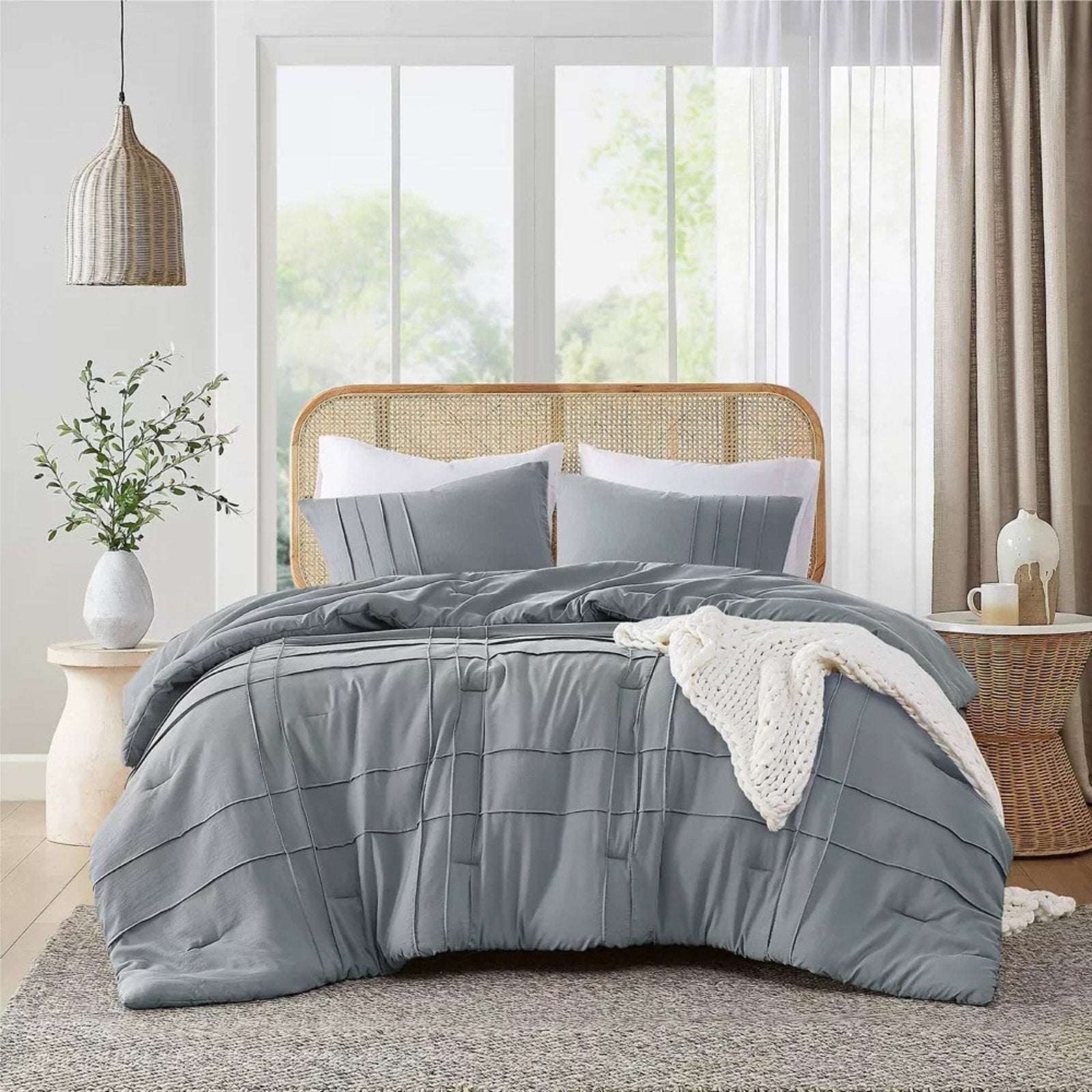 King Size 3PC PORTER Soft Washed Cotton Pinch Pleated Duvet Set Slate Gray/Blue