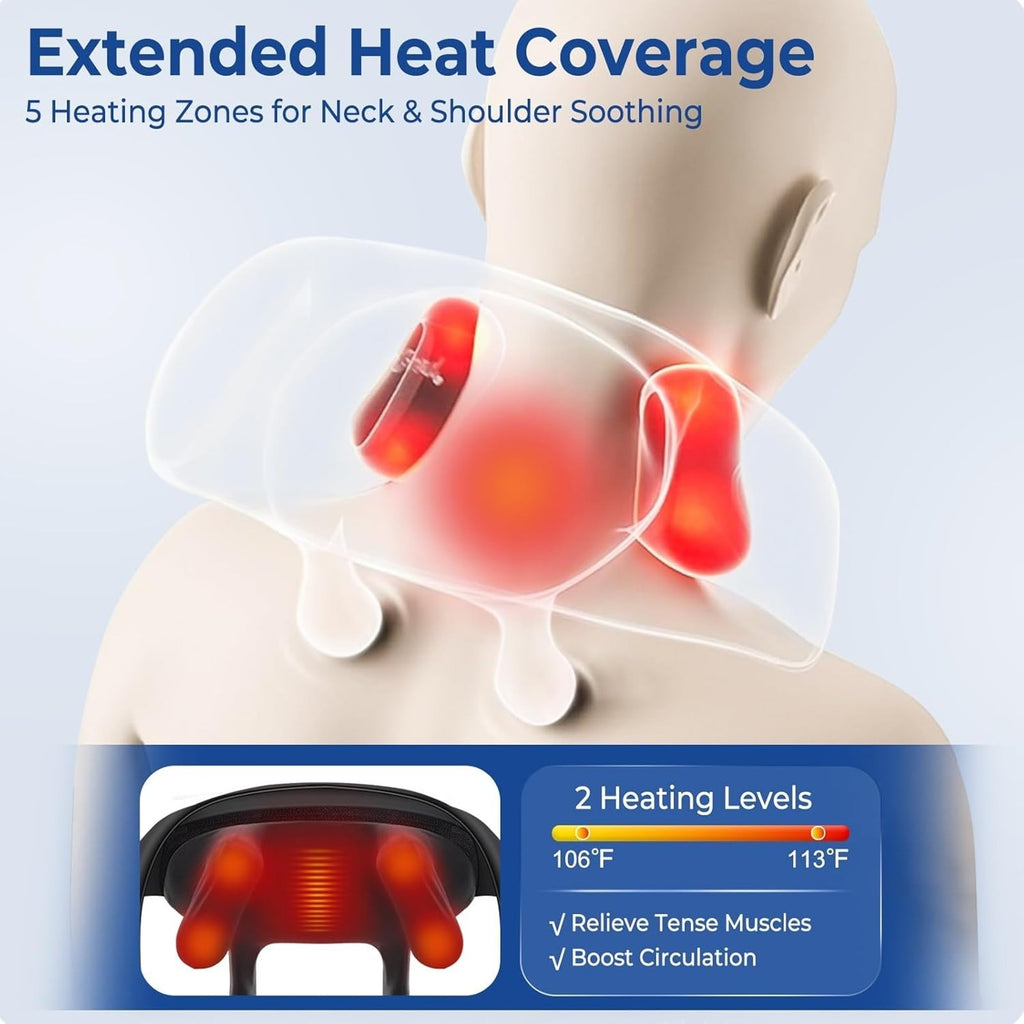 Neck Shoulder Massager Cordless 6D Kneading Shiatsu Deep Tissue Back 5 Heat Zone