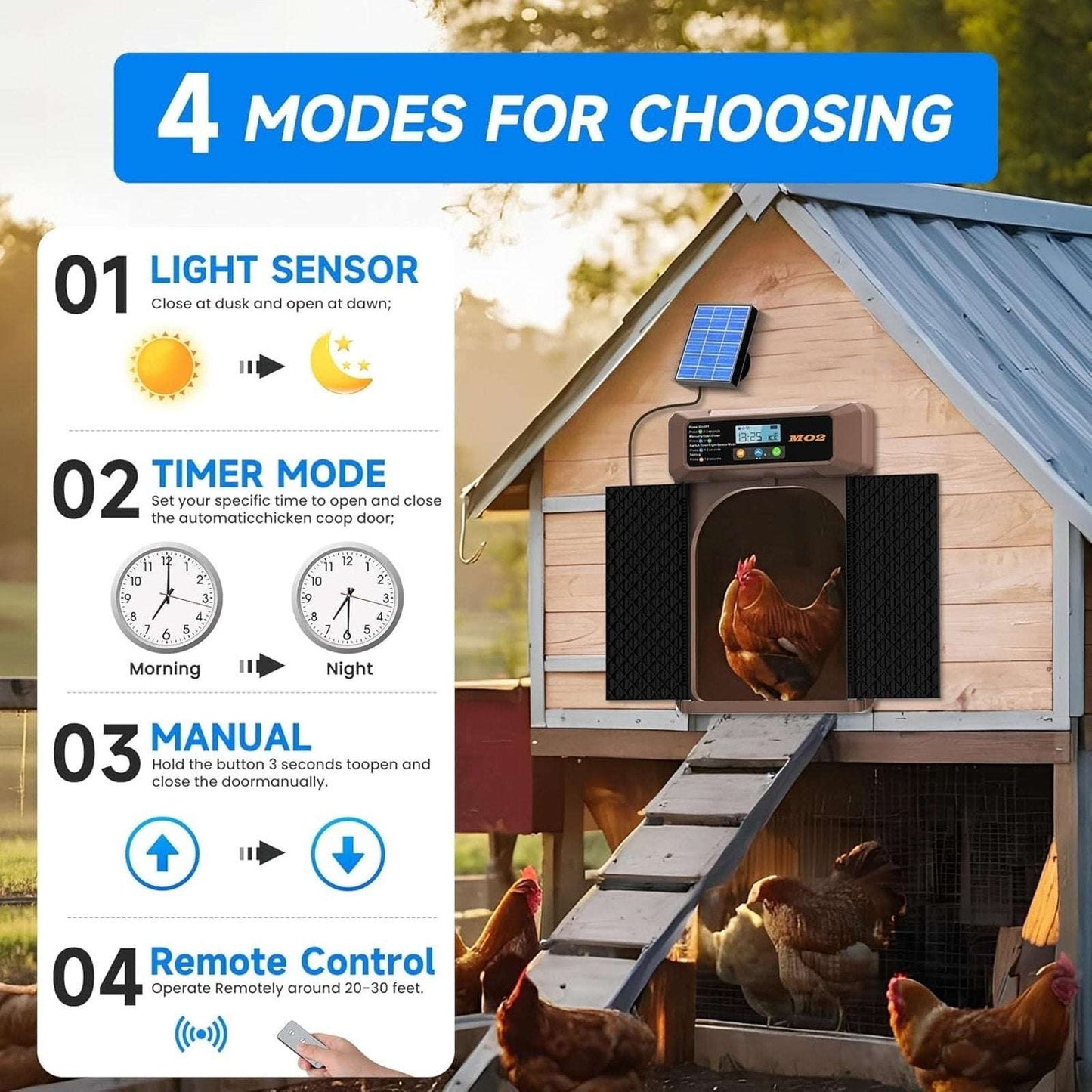 Automatic Solar Powered Electric Chicken Coop Double Door Remote, Light Sensors+
