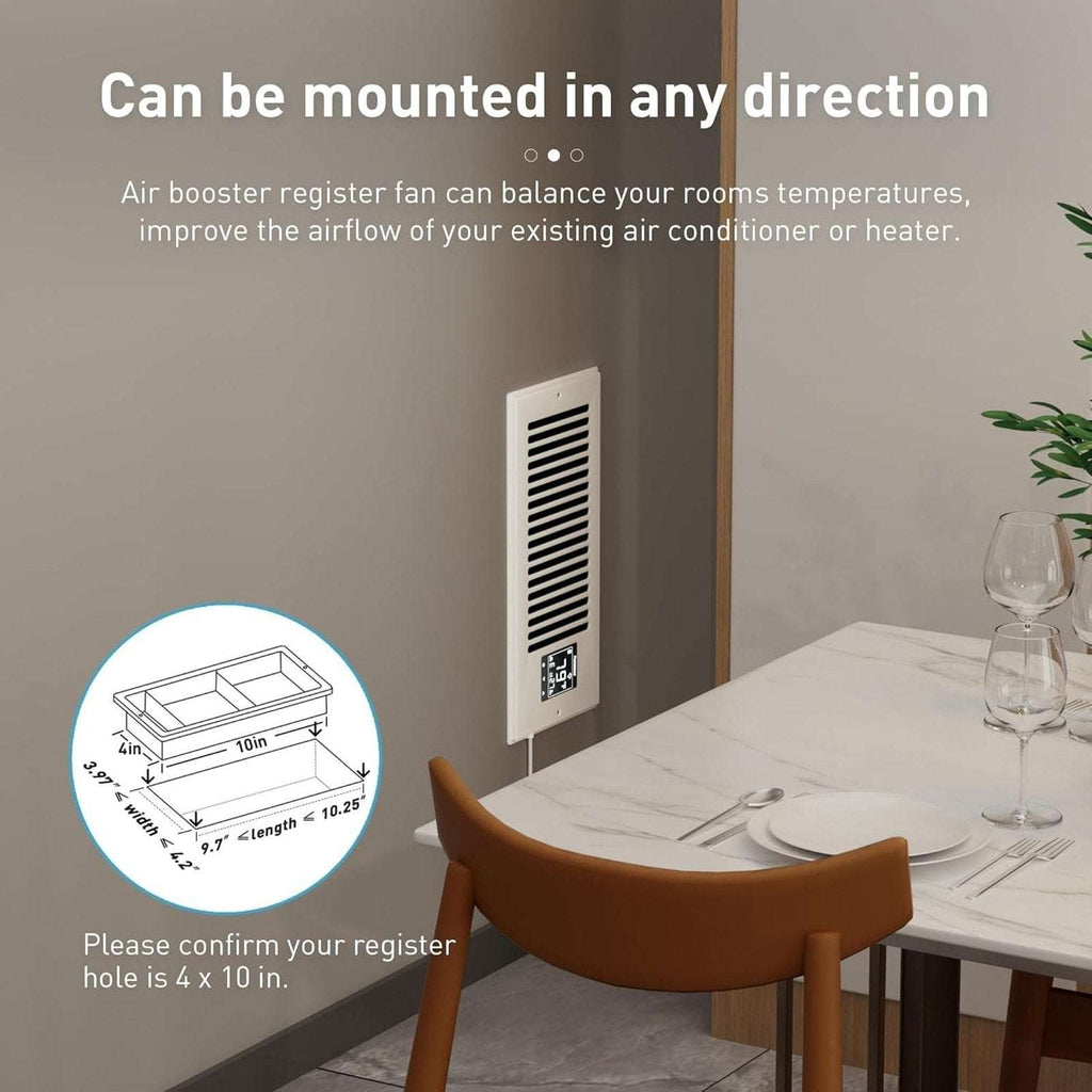 4"X10" Smart Vent Air Booster Register Fan 9-Speeds Thermostat & Humidity Sensor